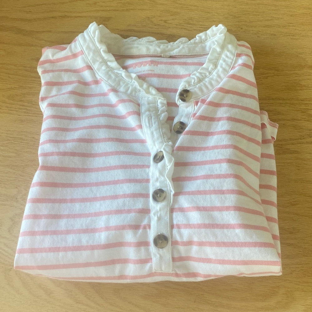 Boden White and Light Pink Striped Long Sleeve Henley